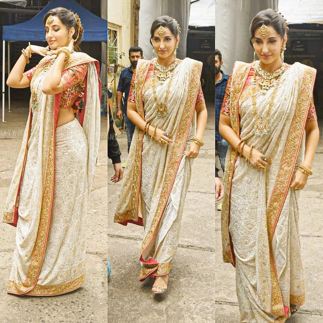 hot devdas vibes nora fatehi looks elegant in a sexy saree fans love it 1